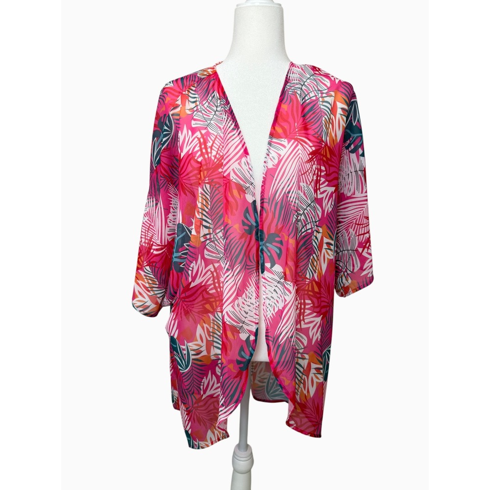 Womens XXL Pink Tropical Leaf Print Open Front Kimono Cover Up Sheer Lightweight